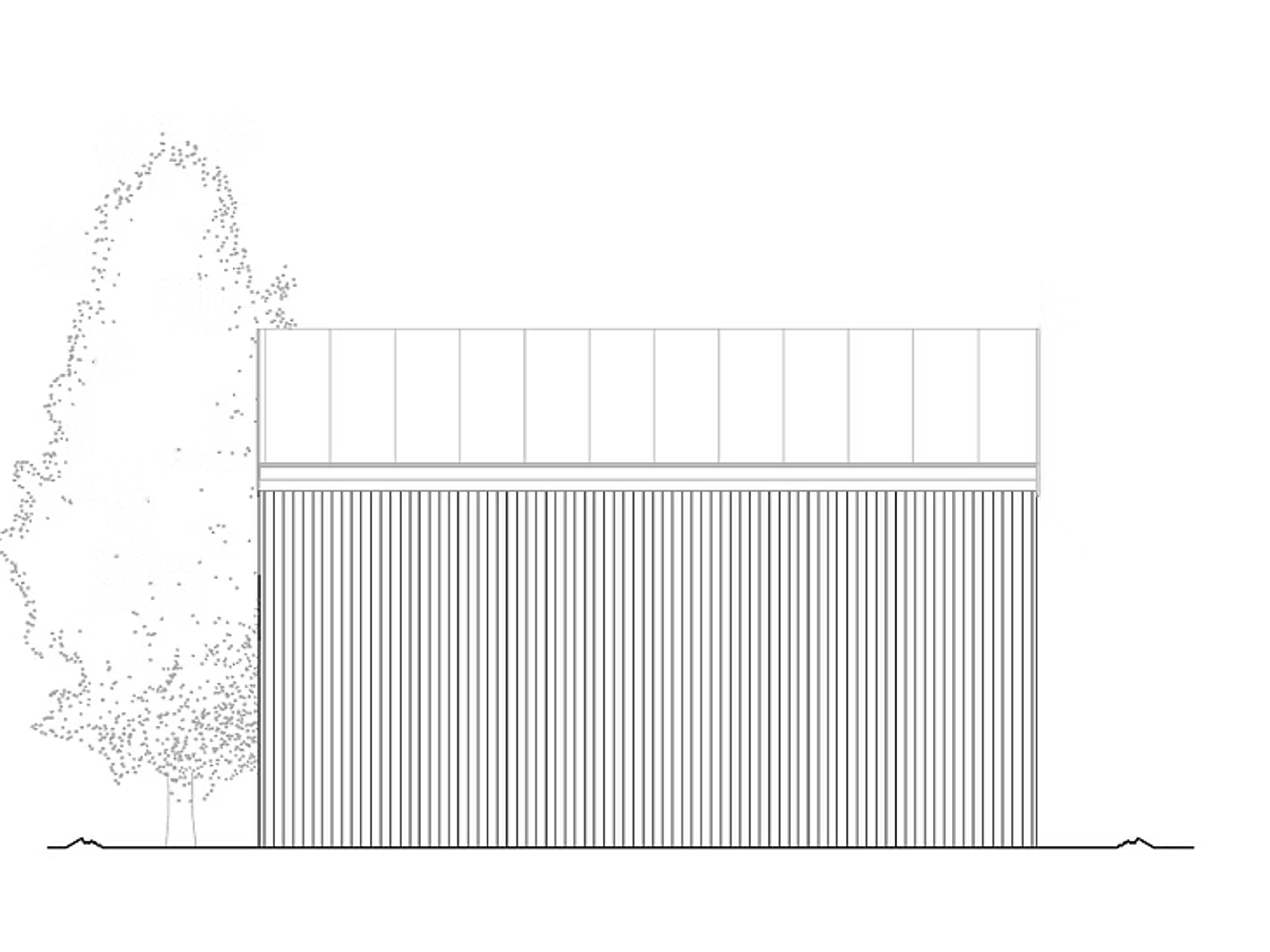 Attefallshus Gläntö, fasadritning med fönsterband upptill och vertikal panel