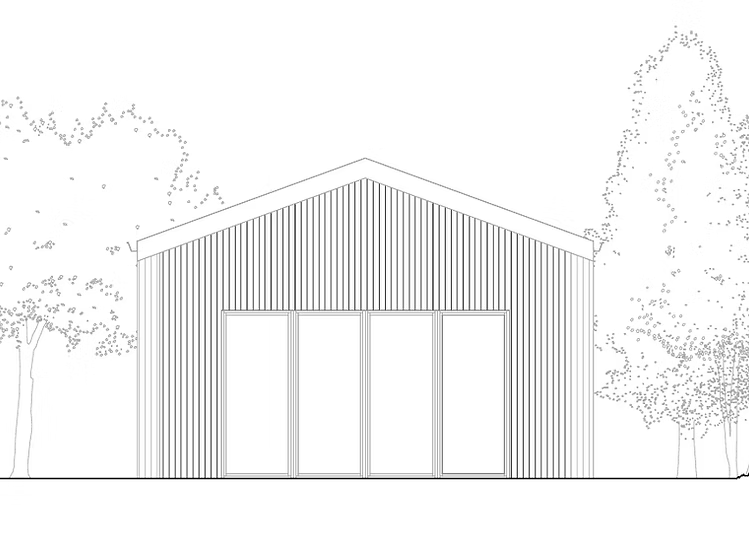 Attefallshus Gläntö, fasadritning framsida med dubbeldörrar, flankerad av träd