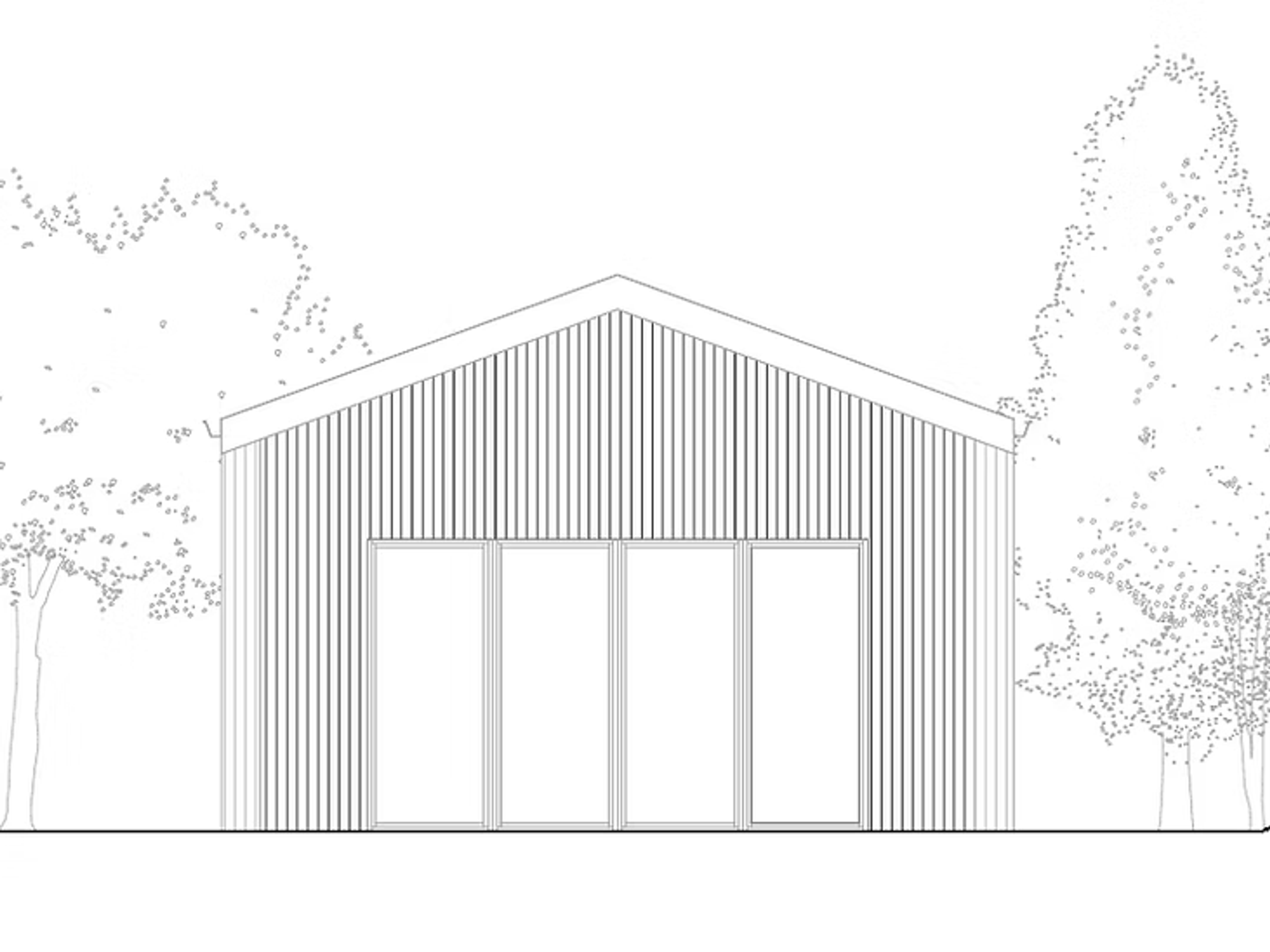 Attefallshus Gläntö, fasadritning framsida med dubbeldörrar, flankerad av träd