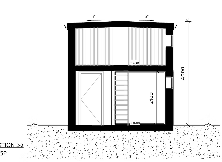 Attefallshus Björkbacken, sektionsritning 2-2 med loftstege och våningshöjd 4000 mm