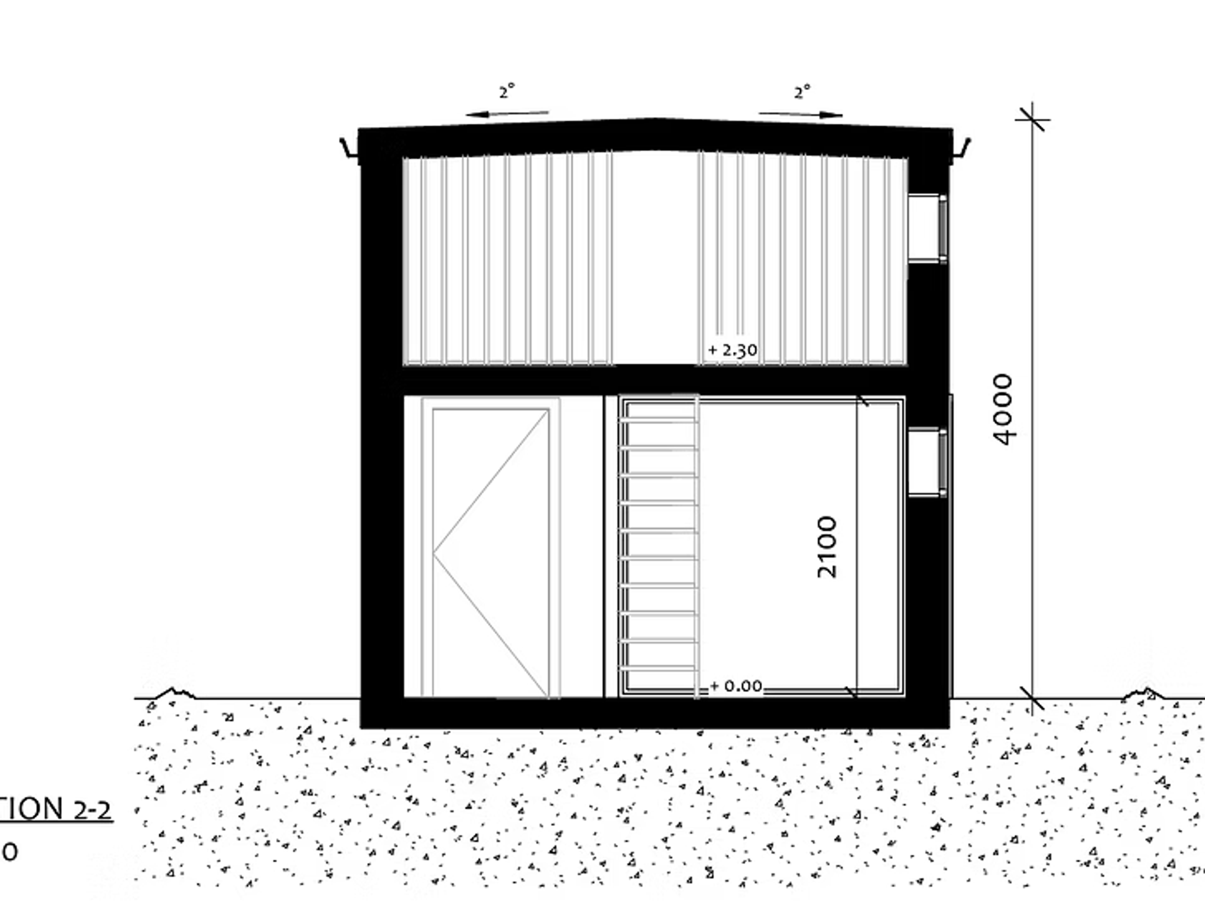 Attefallshus Björkbacken, sektionsritning 2-2 med loftstege och våningshöjd 4000 mm