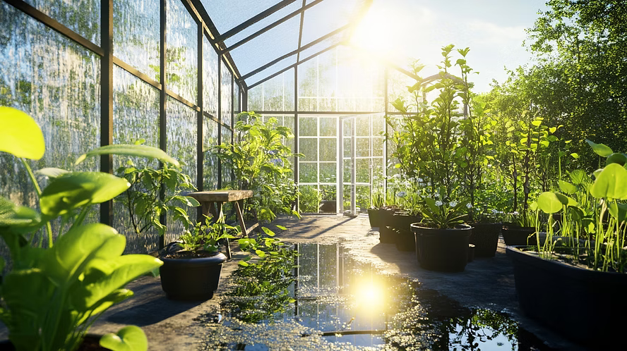 Solbelyst växthusinteriör med frodiga plantor och vattenreflektion