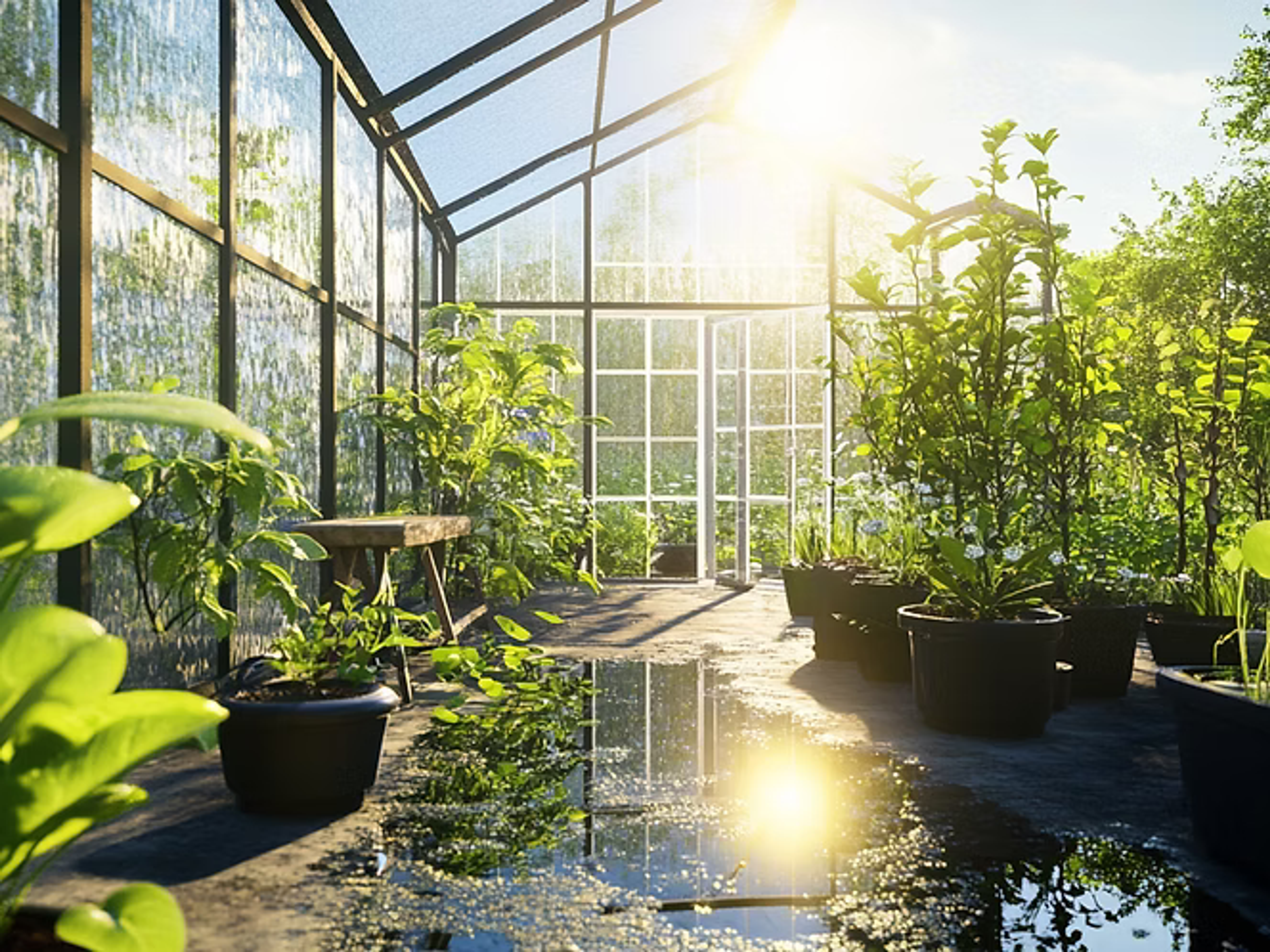 Solbelyst växthusinteriör med frodiga plantor och vattenreflektion