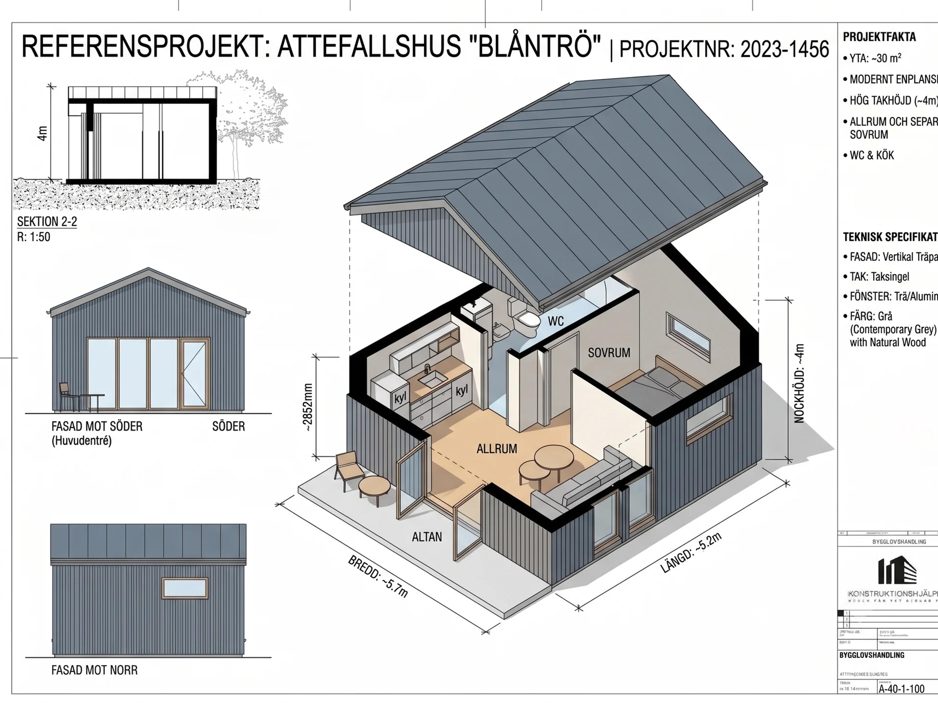 Bygglovshandling A-40-1-100 för attefallshus "Blåntrö" med sektion, fasad mot söder och norr samt teknisk specifikation