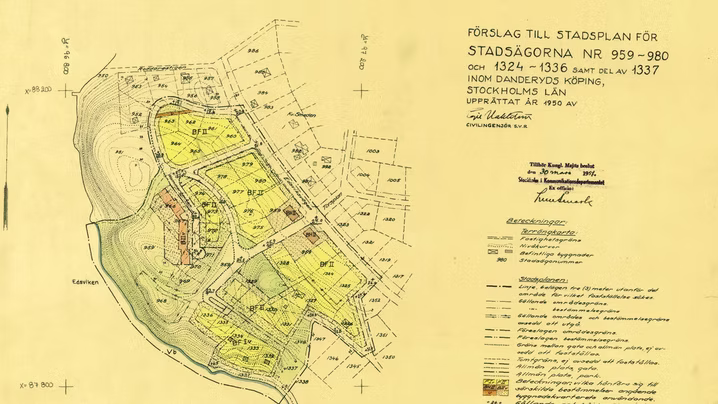 Historisk stadsplan med plankarta och planbestämmelser