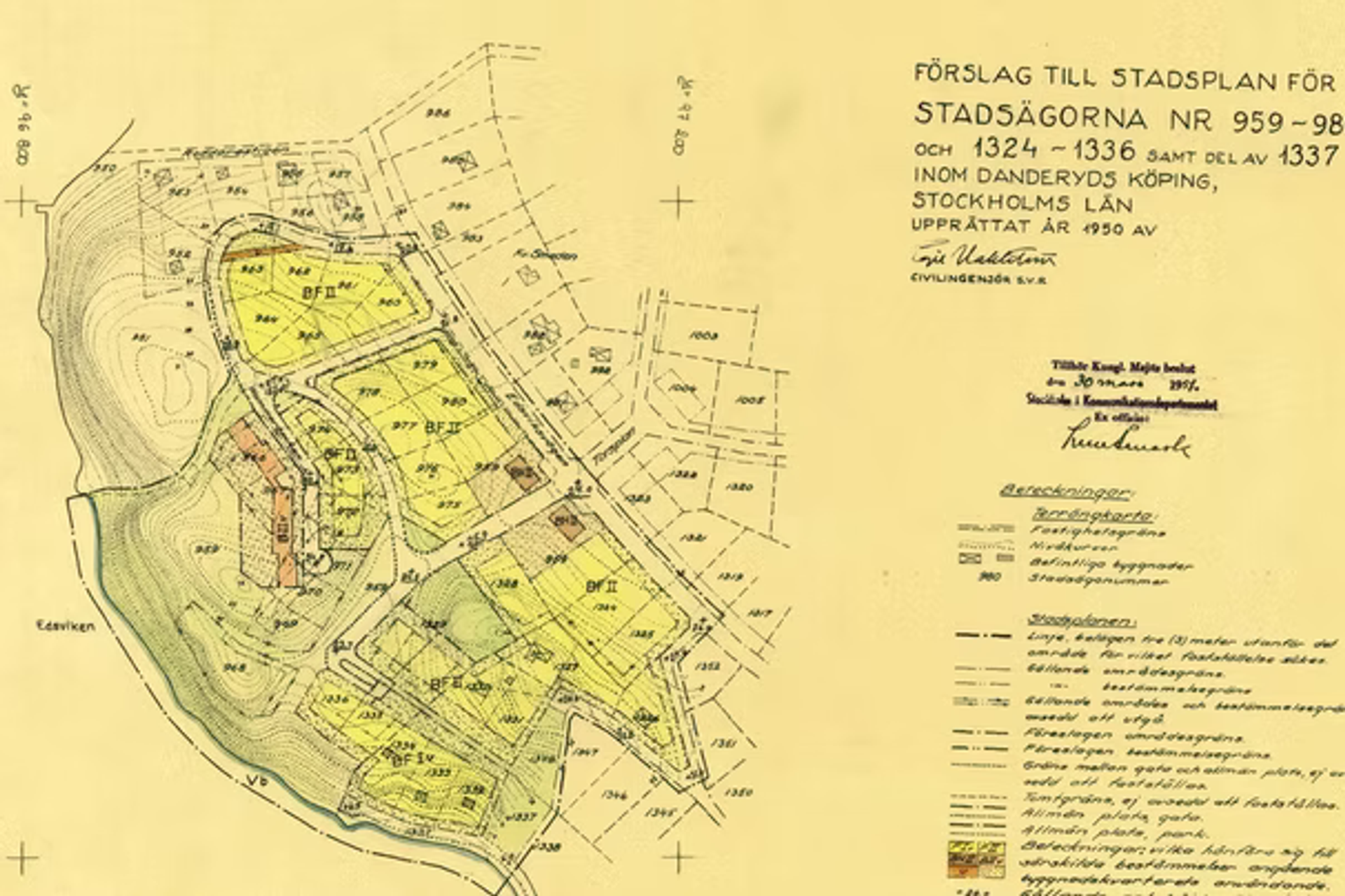 Historisk stadsplan med plankarta och planbestämmelser