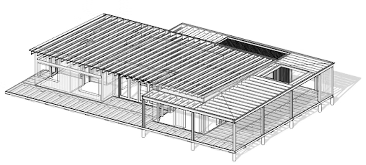 Wireframe-skiss av takkonstruktion med synliga takstolar och trädäck