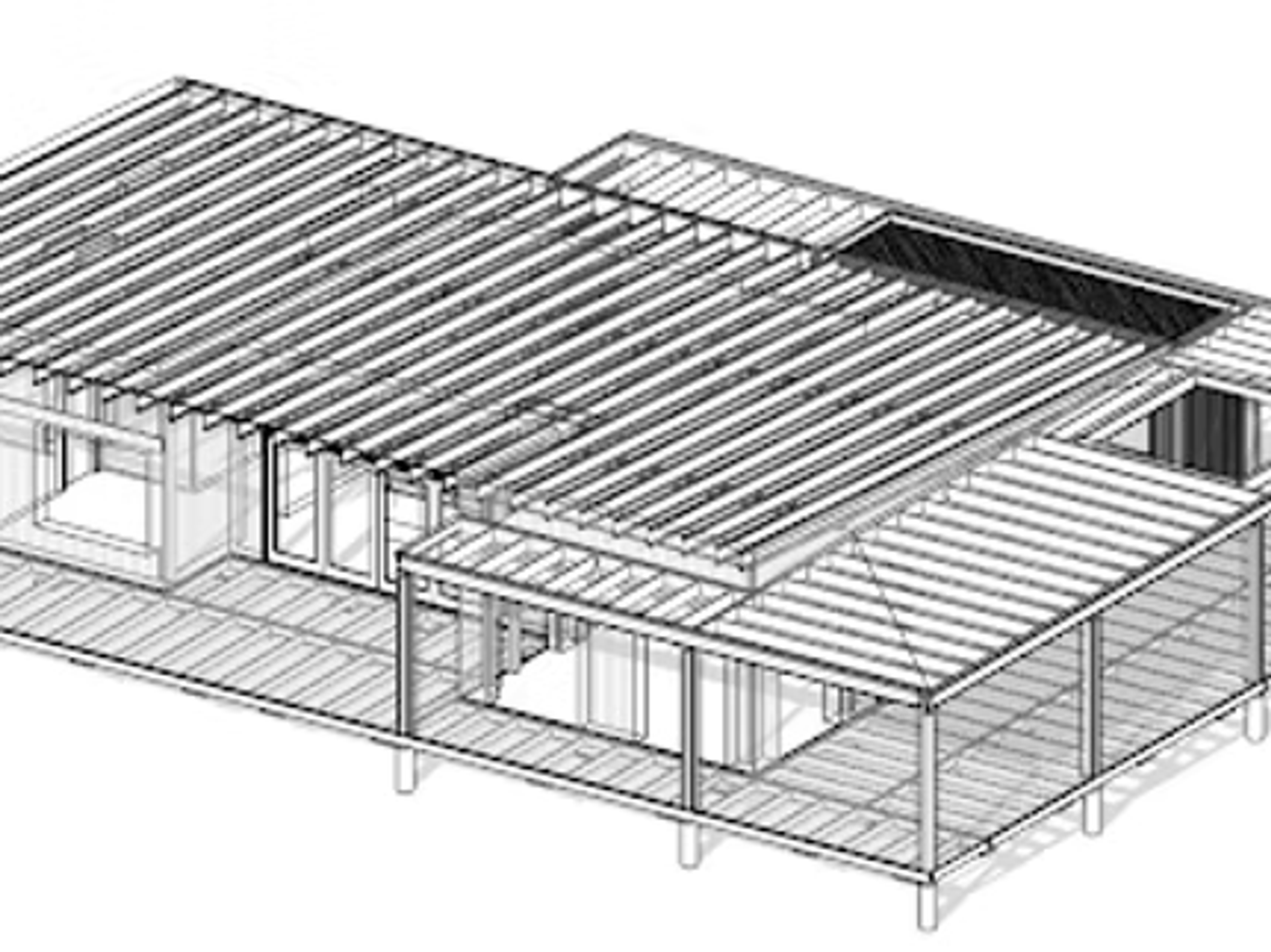 Wireframe-skiss av takkonstruktion med synliga takstolar och trädäck