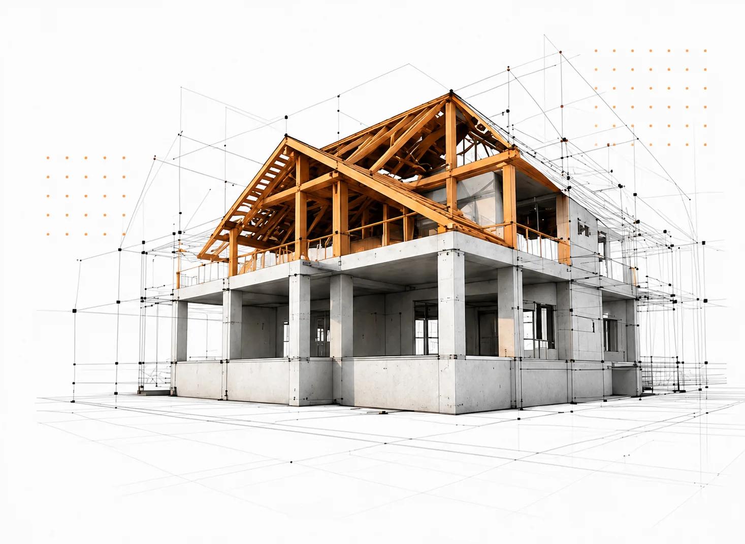 Konstruktionsmodell av ett hus med trästomme och betongbjälklag mot wireframe-bakgrund