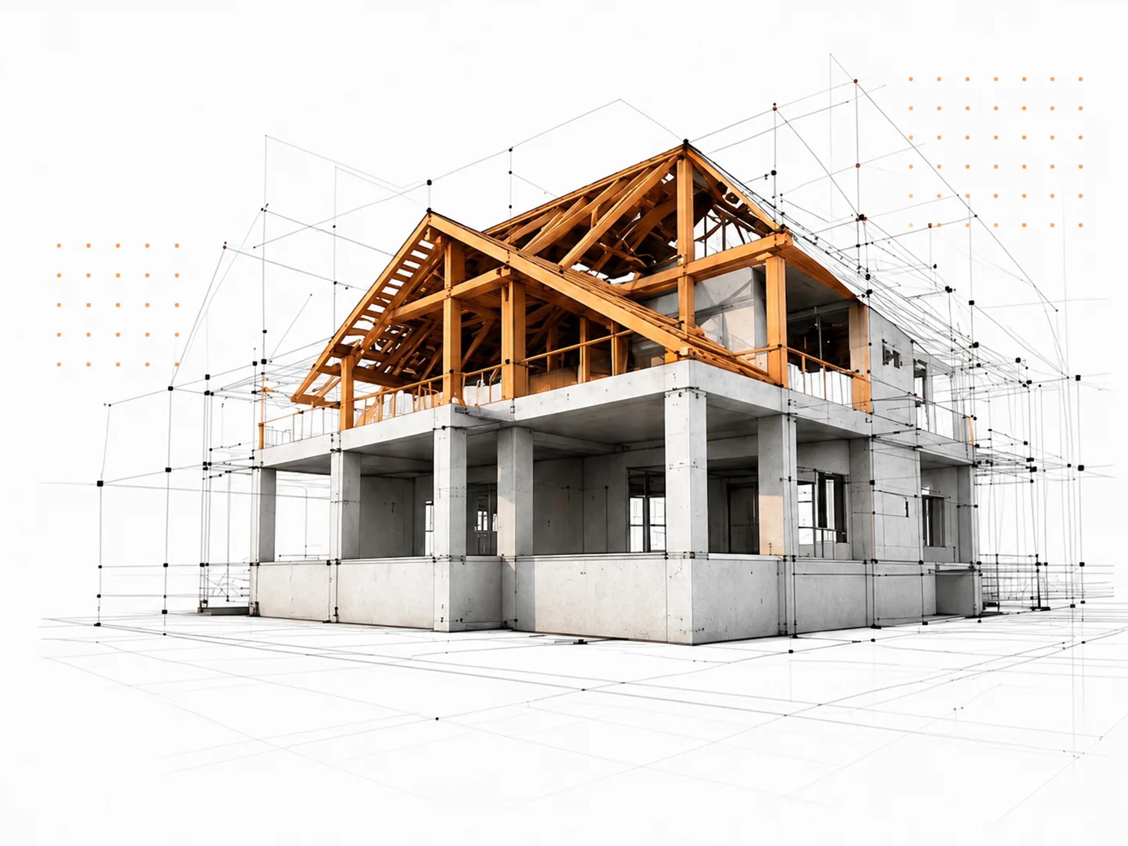 Konstruktionsmodell av ett hus med trästomme och betongbjälklag mot wireframe-bakgrund