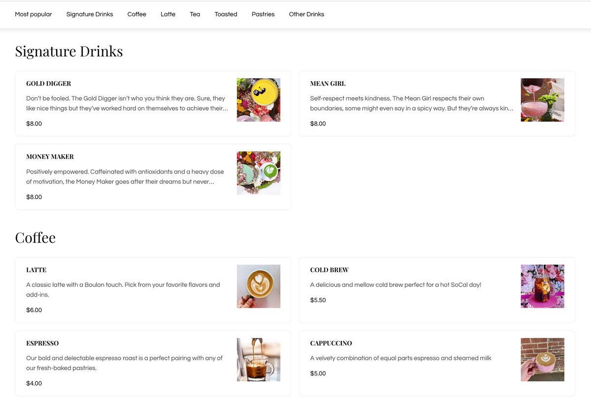 Online ordering through Square for Boulon Coffee