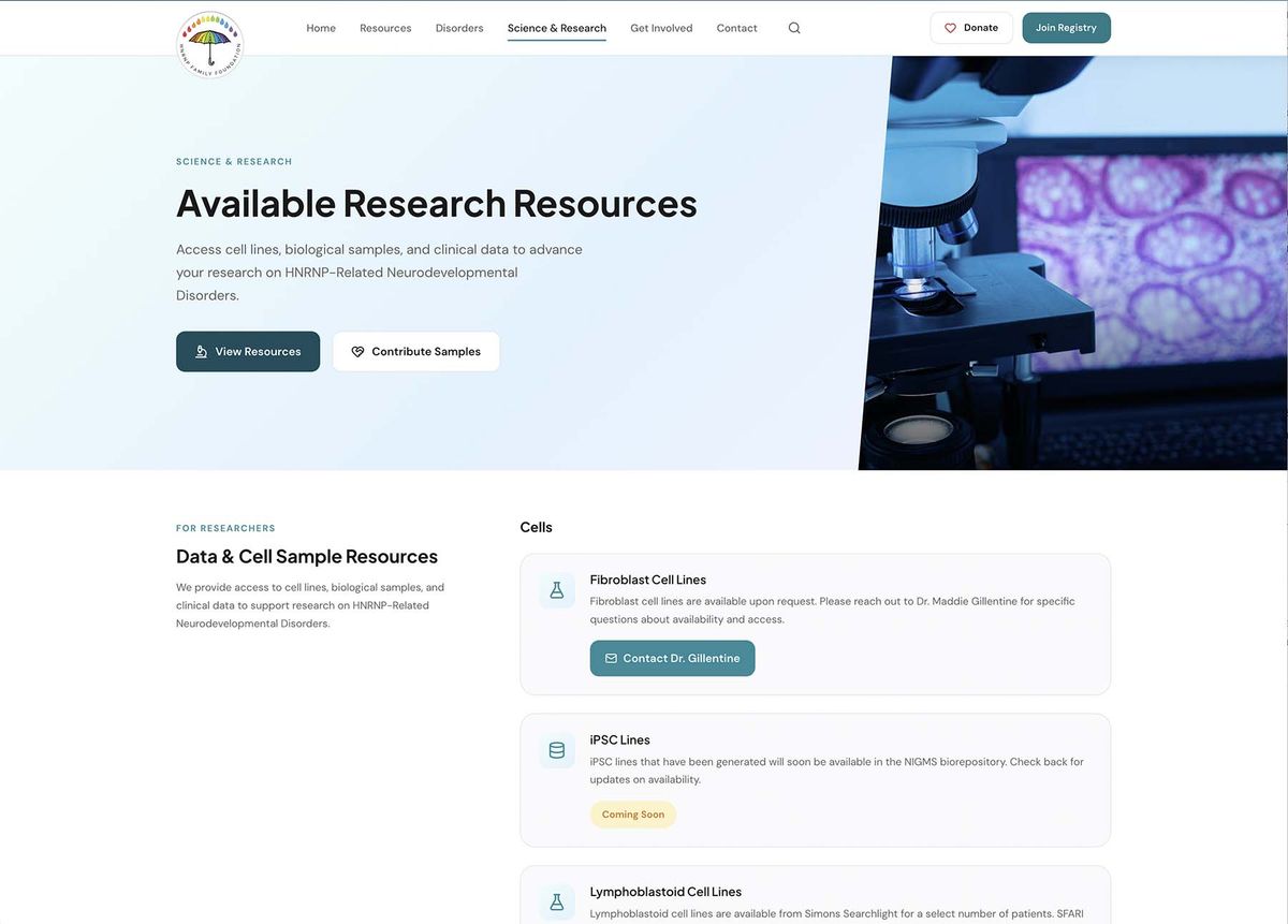 Screenshot of science/research page on HNRNP website