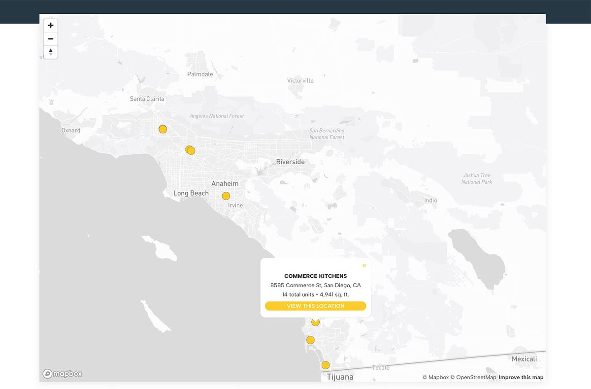 Zoomed in map showing Maker Kitchen locations in SoCal