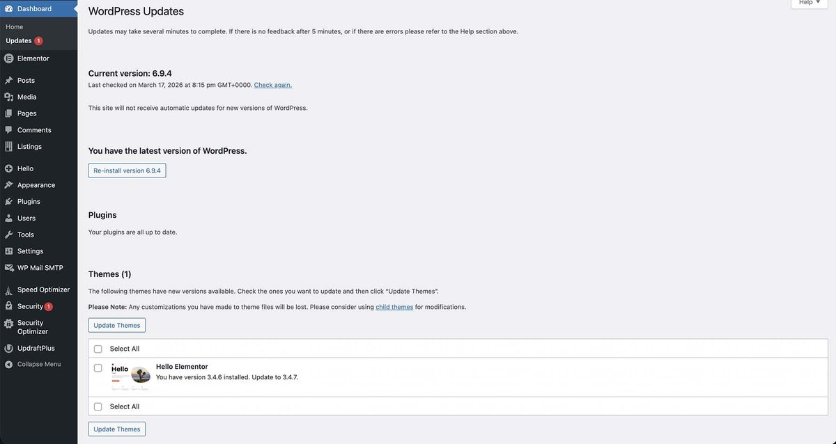 Screenshot of WordPress updates dashboard