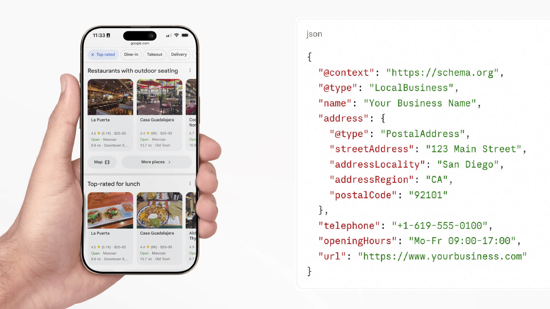 Structured data snapshot and someone holding a phone with search results