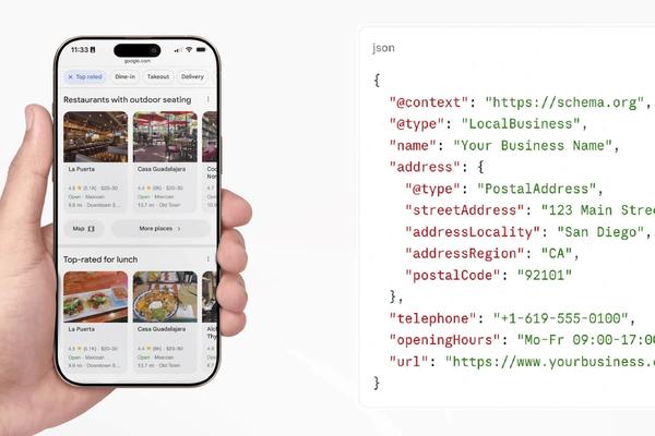Structured data snapshot and someone holding a phone with search results