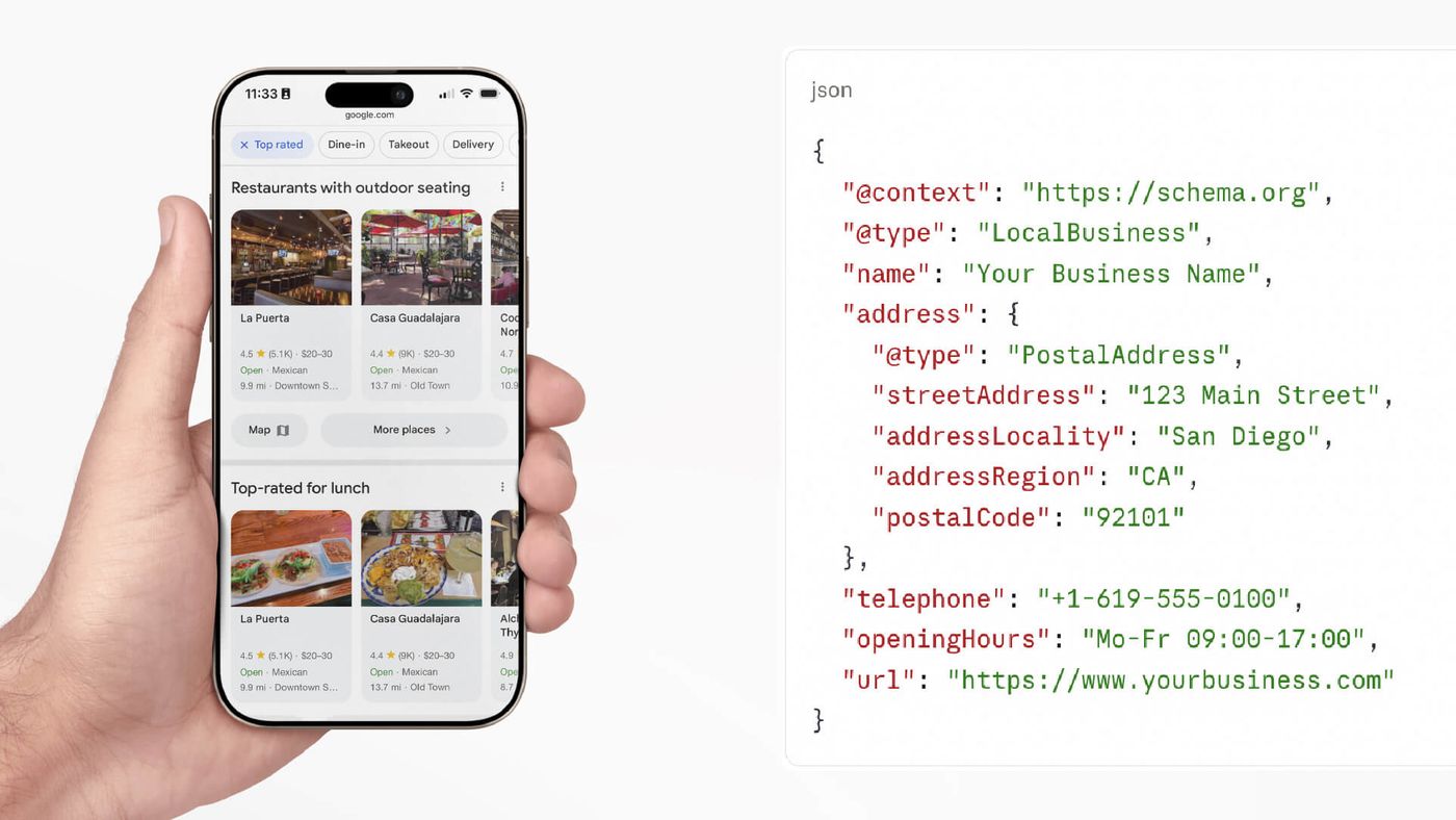 Structured data snapshot and someone holding a phone with search results