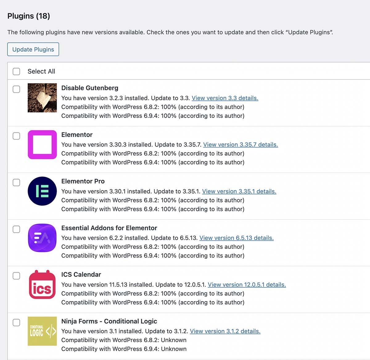 Screenshot of plugins awaiting updates in WordPress