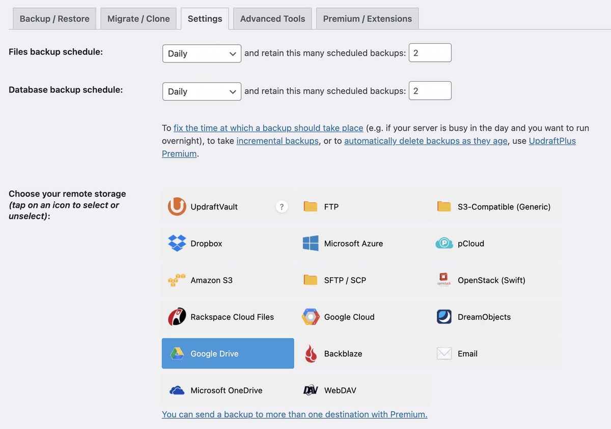 UpdraftPlus config screenshot