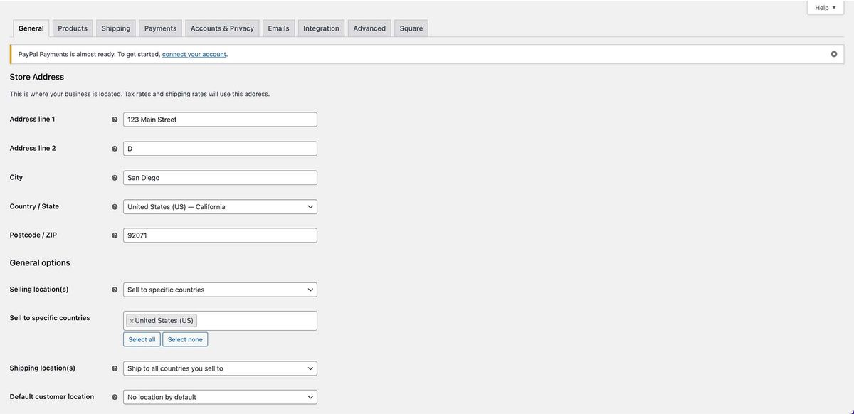 Example of a WooCommerce settings dashboard