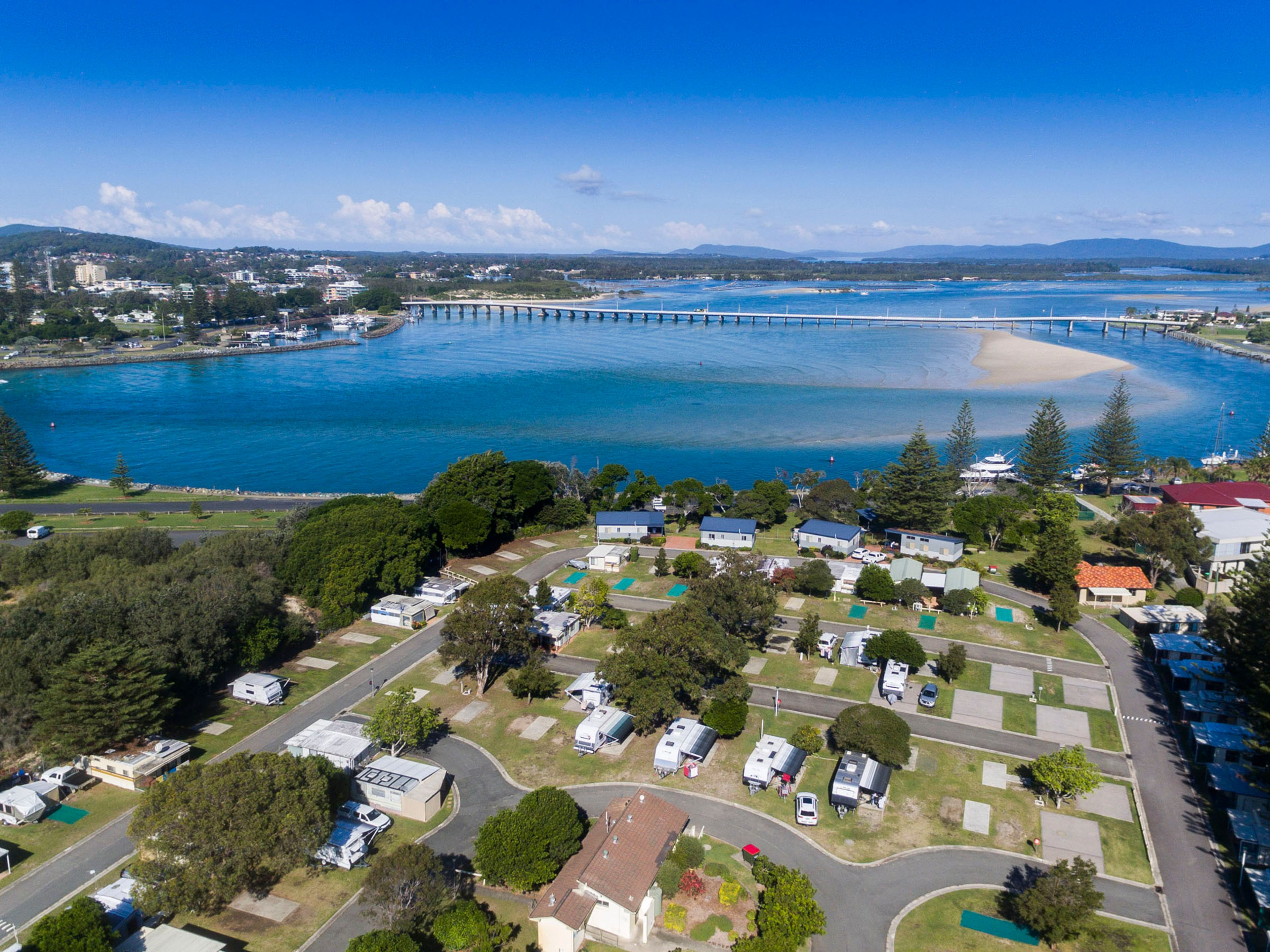 Reflections Tuncurry holiday and caravan park aerial photo drone overlooking forster breakwater