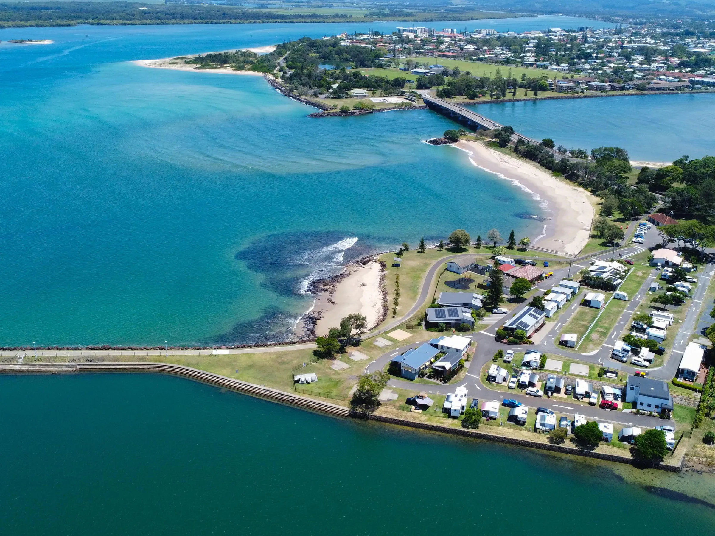 Reflections Shaws Bay holiday and caravan park drone shot overlooking  the Richmond River and Shaws Bay