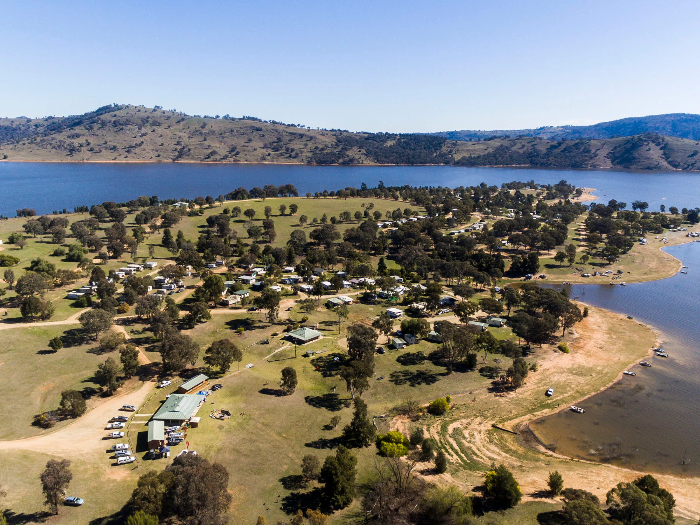 Reflections Holidays Grabine holiday & caravan park drone shot of park