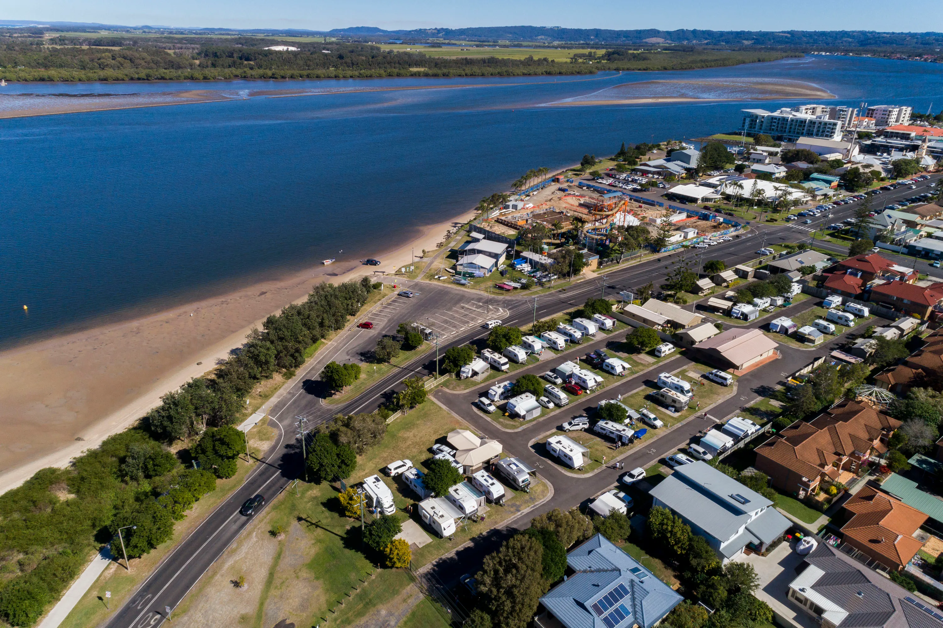 Reflections Holidays Ballina holiday and caravan park aerial photo overlooking Richmond River and Ballina Central