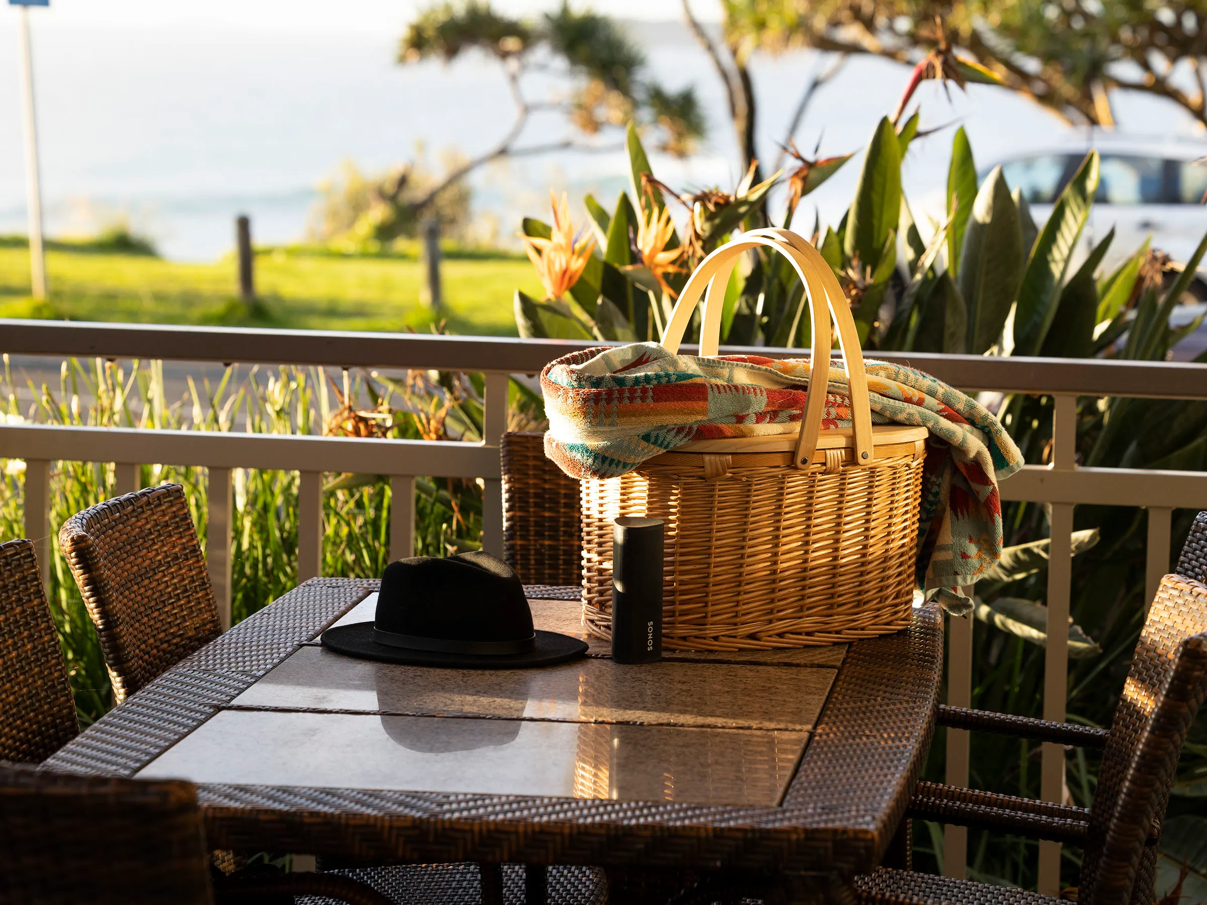 Reflections Holidays Corindi Beach holiday & caravan park picnic basket on cabin deck