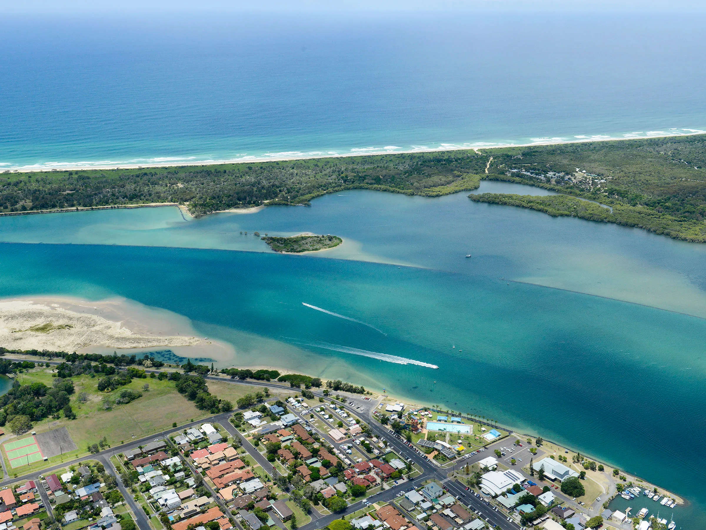 Reflections Holidays Ballina holiday and caravan park aerial photo overlooking Richmond River