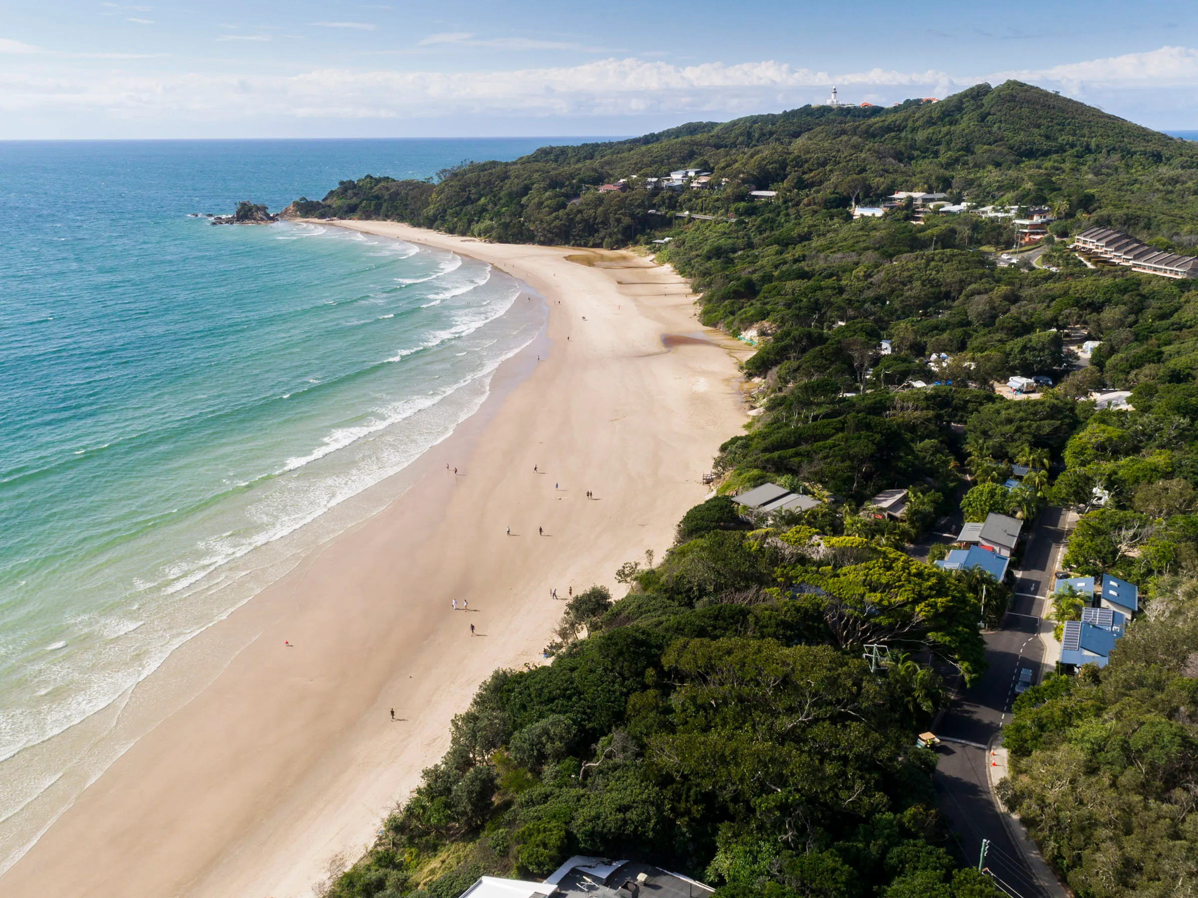 Reflections Holidays Byron Bay holiday & caravan park drone photo overlooking Clarkes Beach