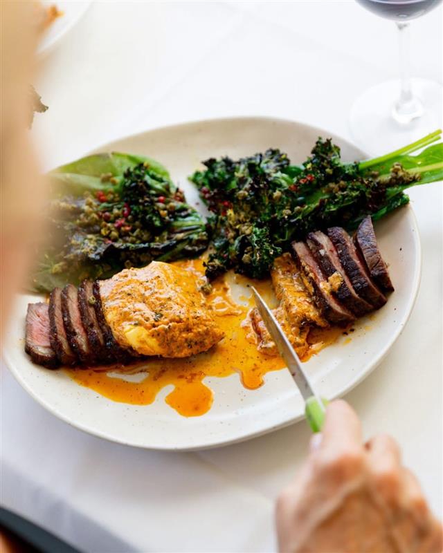 Grilled steak dish at Beach Byron Bay