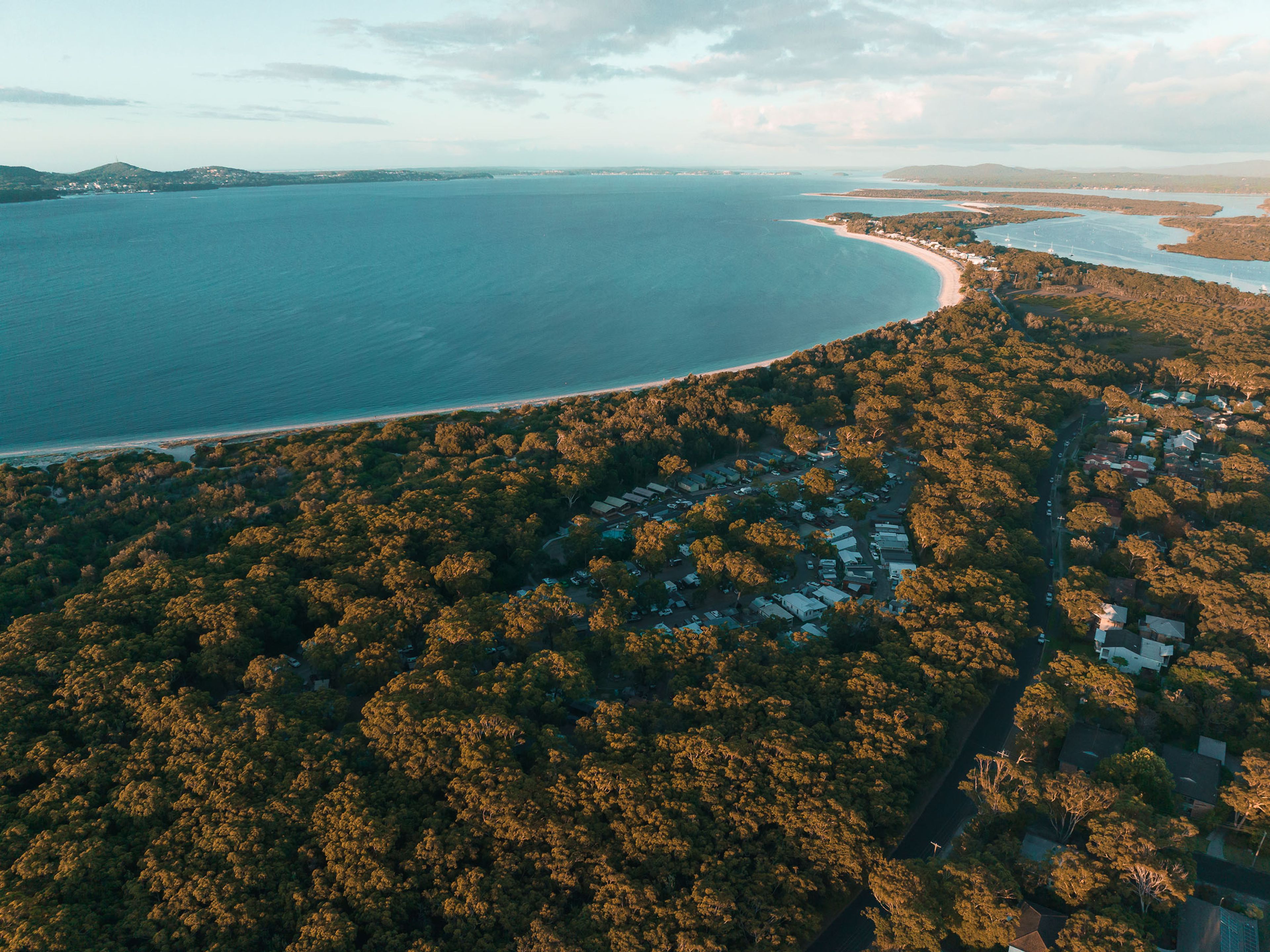 Reflections Holidays Jimmys Beach holiday & caravan park arial drone image port Stephens Bay
