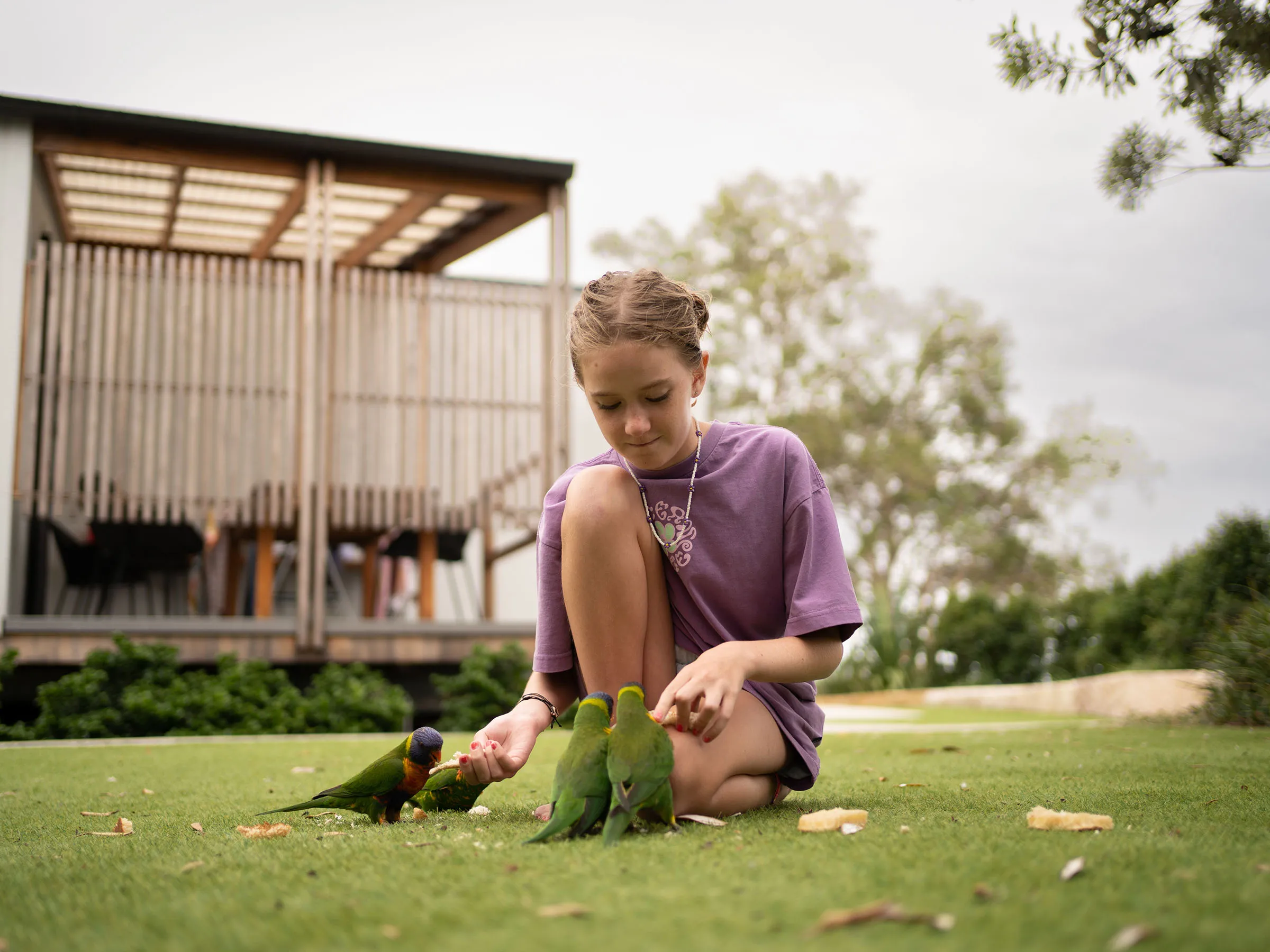 Reflections Urunga holiday and caravan park young girl hand feeding rainbow lorikeets