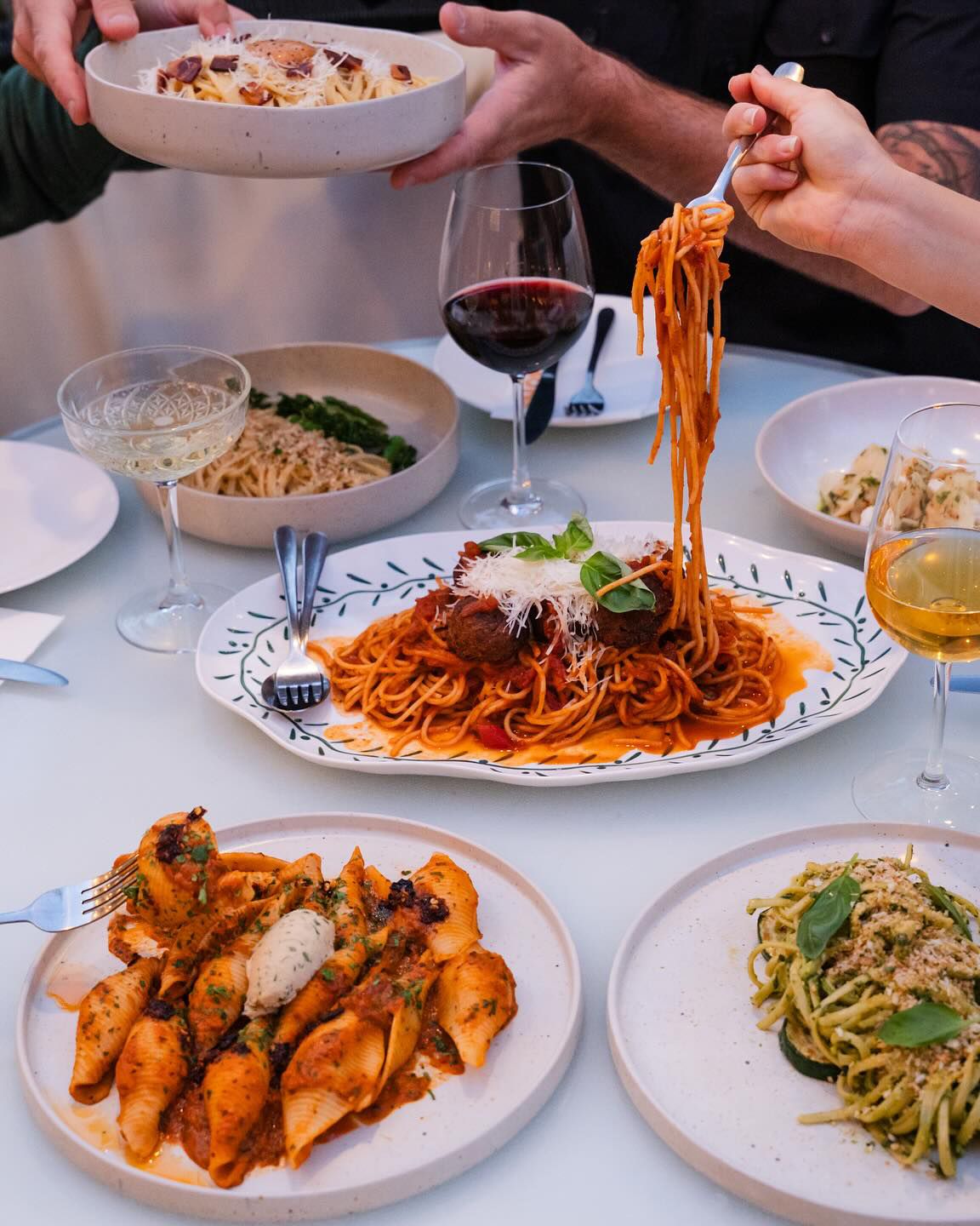 Shared pasta dishes at No Bones Byron Bay