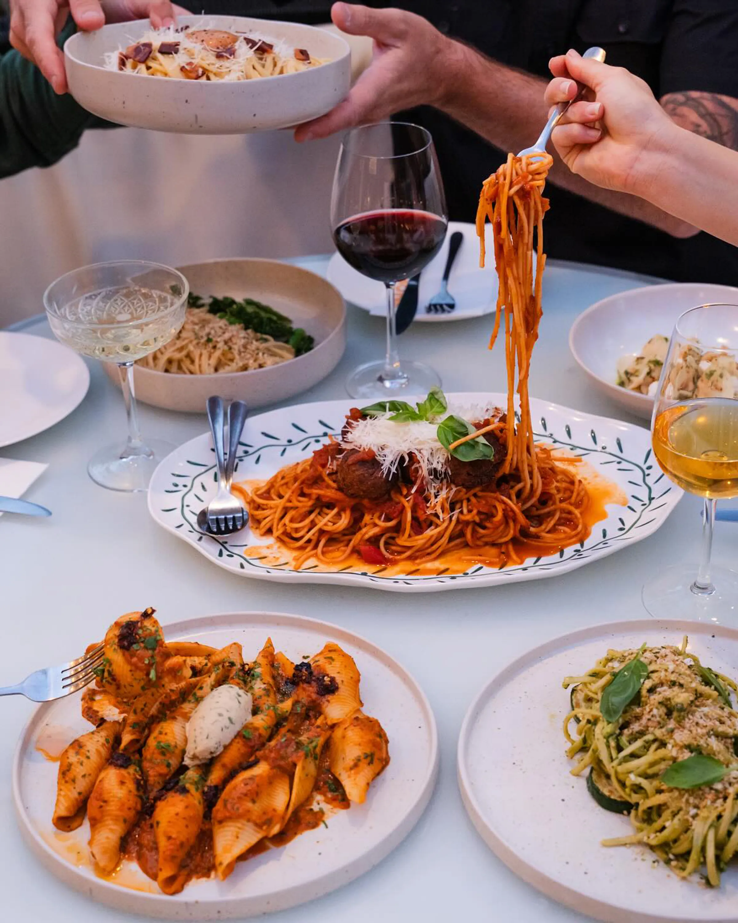Shared pasta dishes at No Bones Byron Bay
