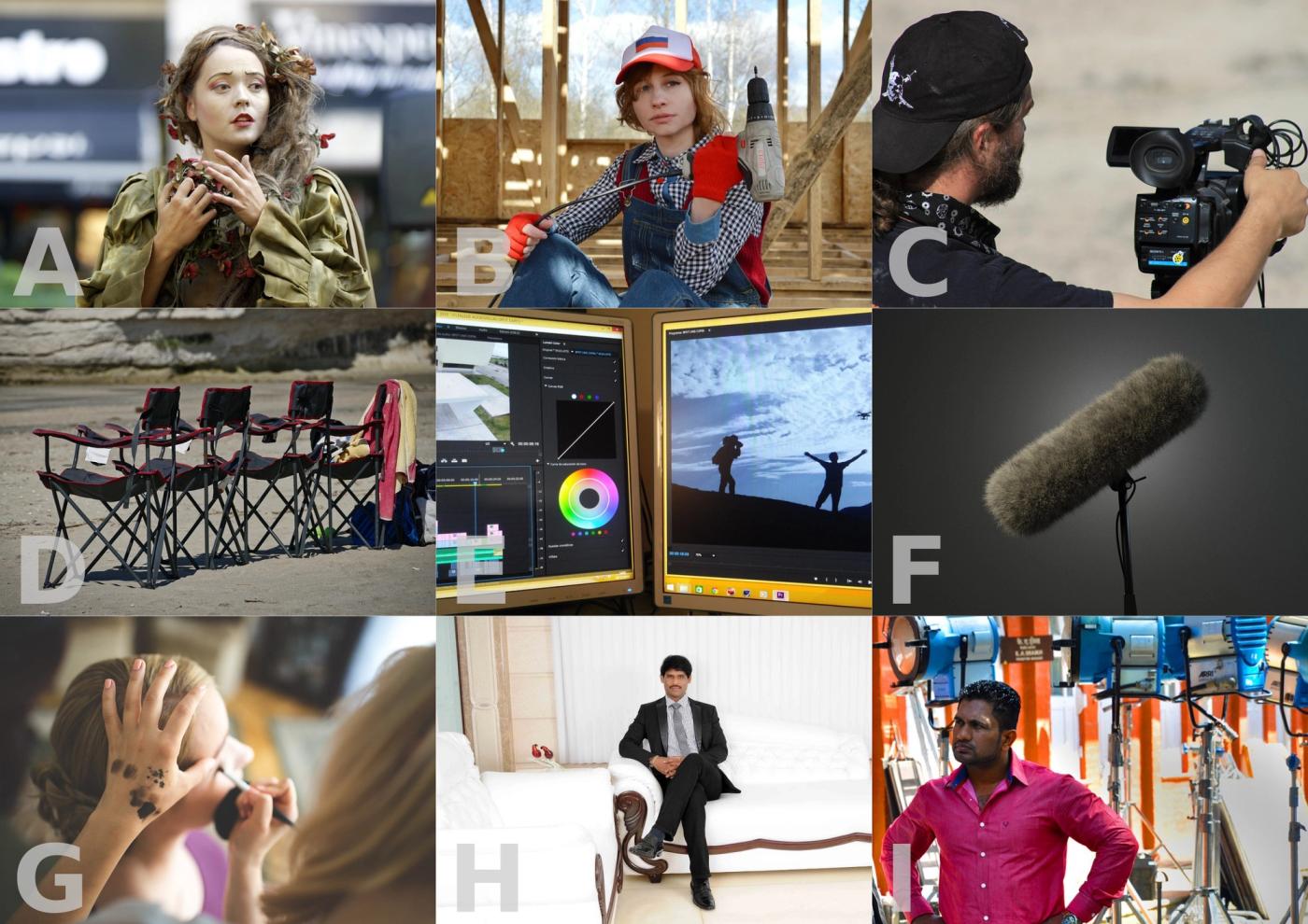 A vocabulary display illustrating words at the movie set and in film production. (A: actor, B: set design, C: camera men/woman/person, D: director, E: cut/edit, F: sound, G: make-up (artist), H: produ