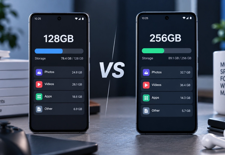 Smartphone storage comparison between 128GB and 256GB
