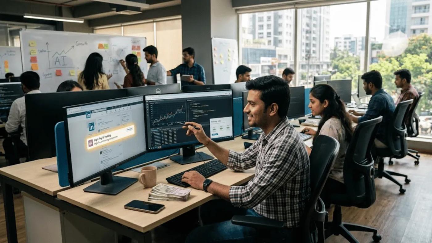 Professionals working at computers in a modern Indian technology office.