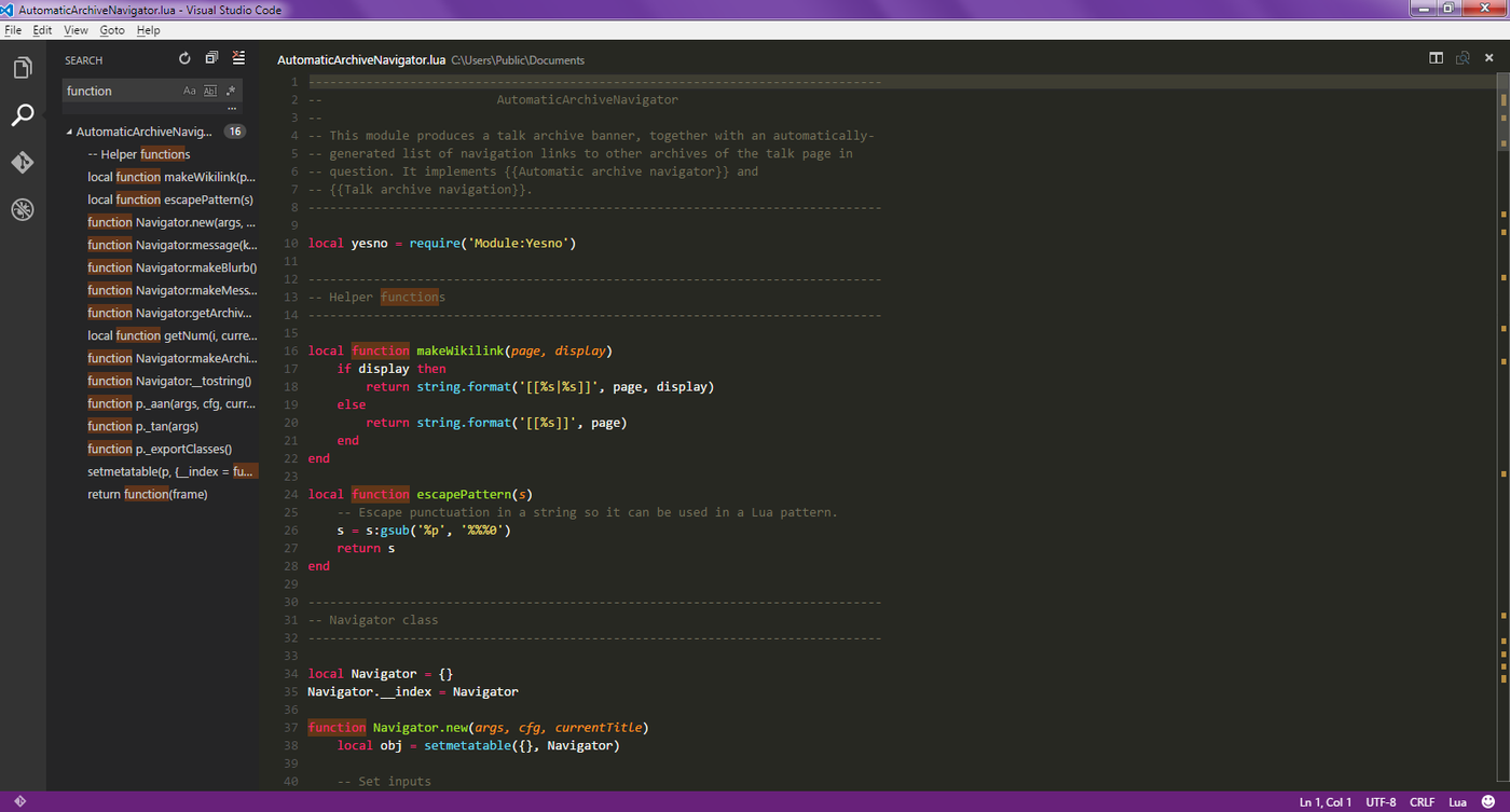 This image is a screenshot of Visual Studio Code version 0.10.1, running on on Windows 7 , with "Search" function activated. Visual Studio Code is a source code editor . The sample source code loaded 