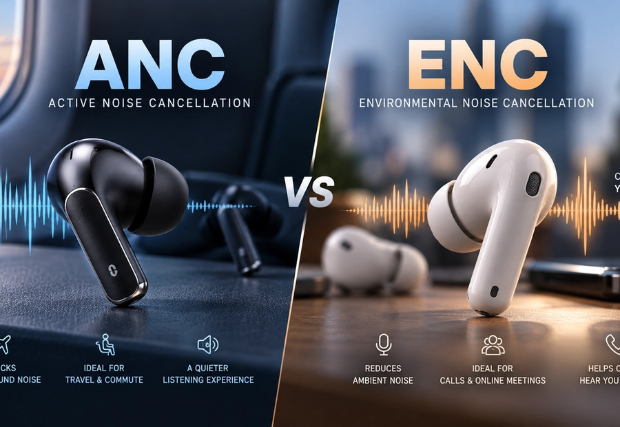 Wireless earbuds illustrating ANC and ENC audio features