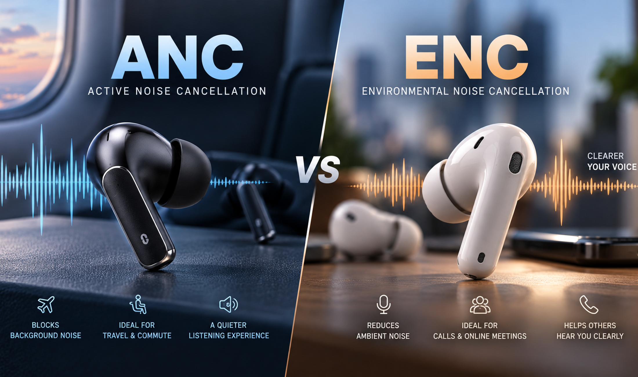 Wireless earbuds illustrating ANC and ENC audio features