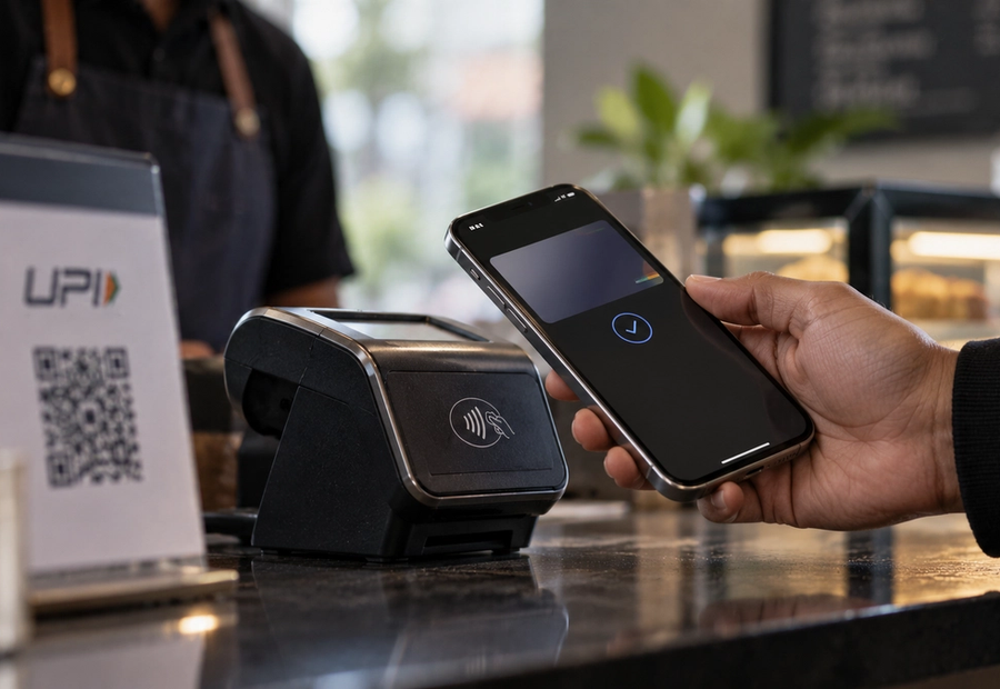 UPI Tap & Pay contactless payment using an NFC-enabled smartphone at a point-of-sale terminal