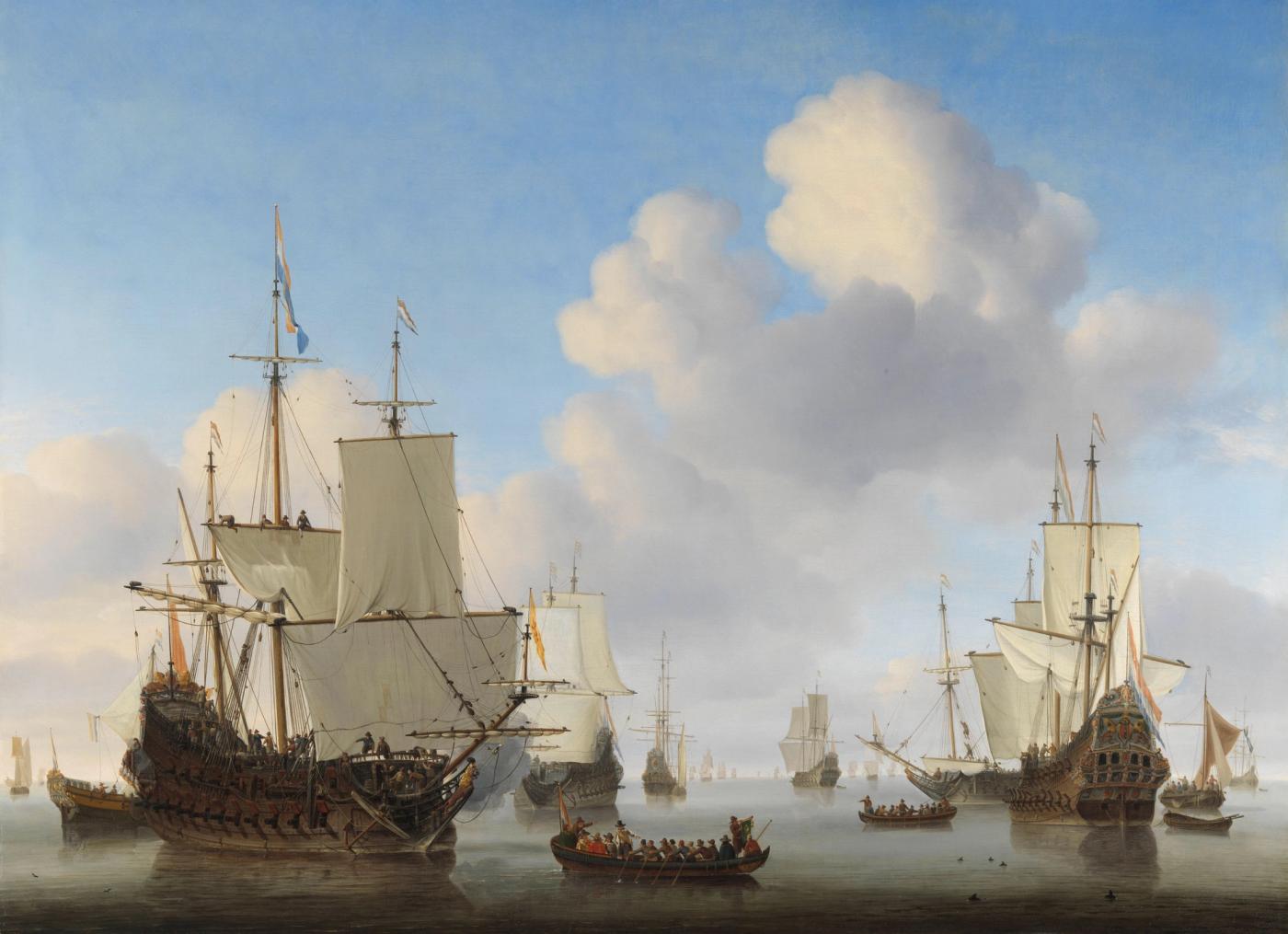 Dutch men-o'-war and other shipping in a calm by Willem van de Velde II (Baptized December 18, 1633).