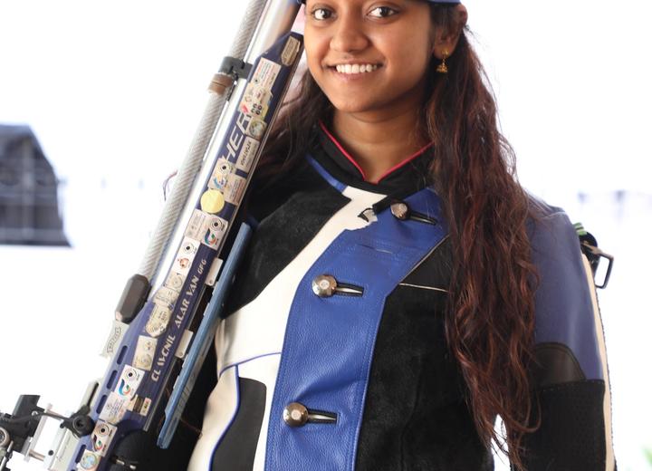 Indian shooter Elavenil Valarivan competing in 10m air rifle event