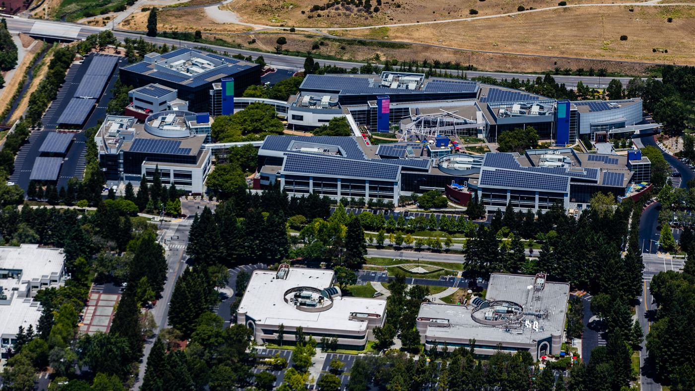 Aerial view of the main Google Campus in Mountain View, CA.