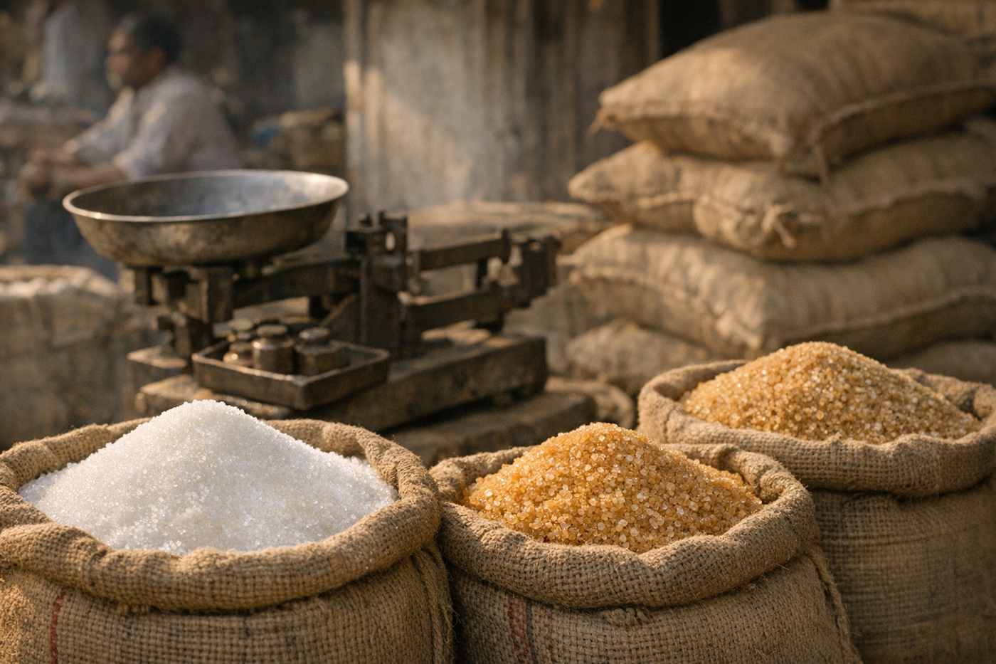 Sacks of granulated sugar at an Indian wholesale market