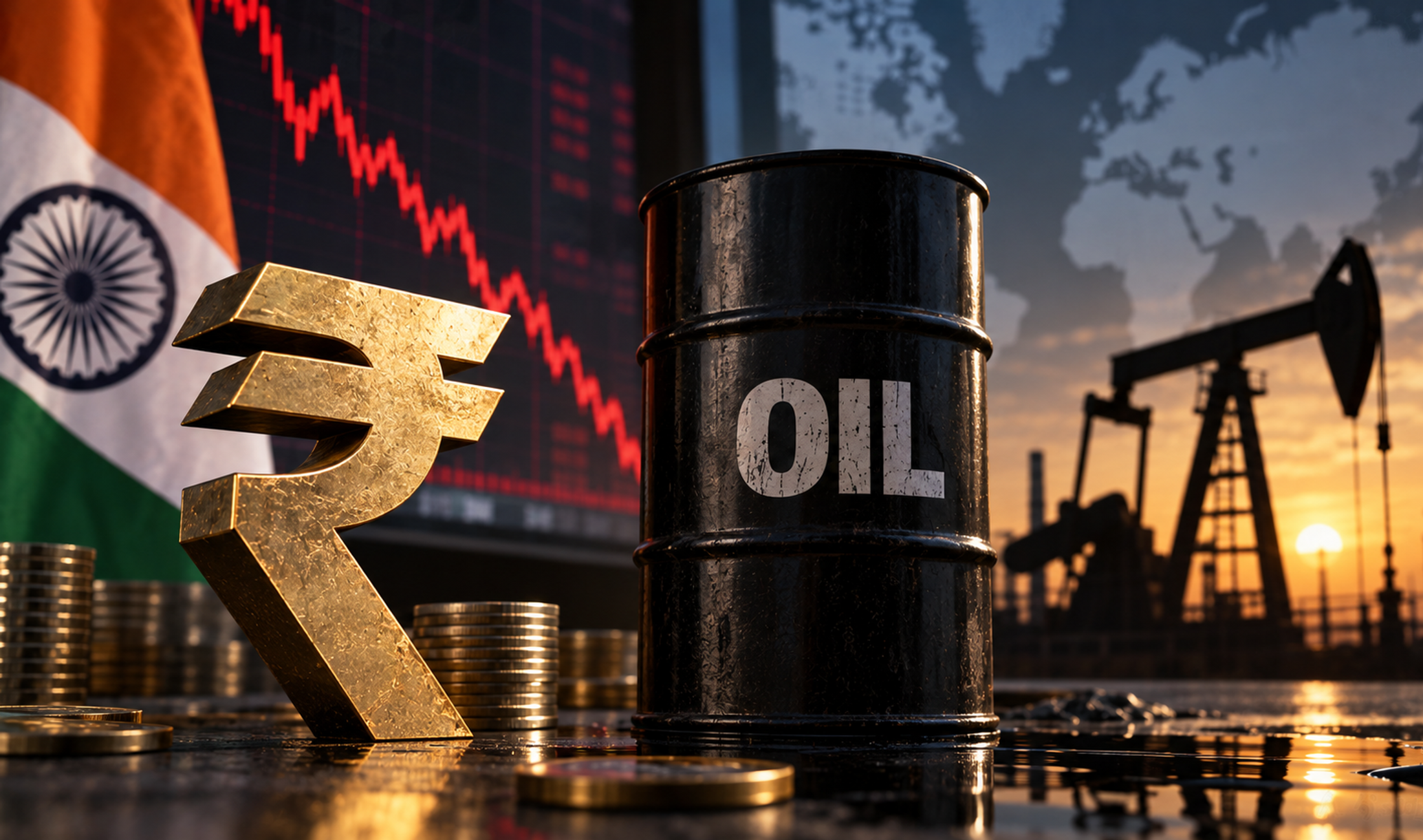 Indian rupee and crude oil prices as the rupee falls past 95 per US dollar