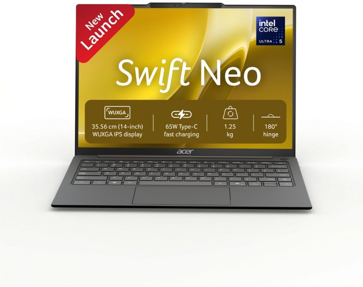 Acer Swift Neo SFN14-55 laptop open from the front, showing its 14-inch display and keyboard