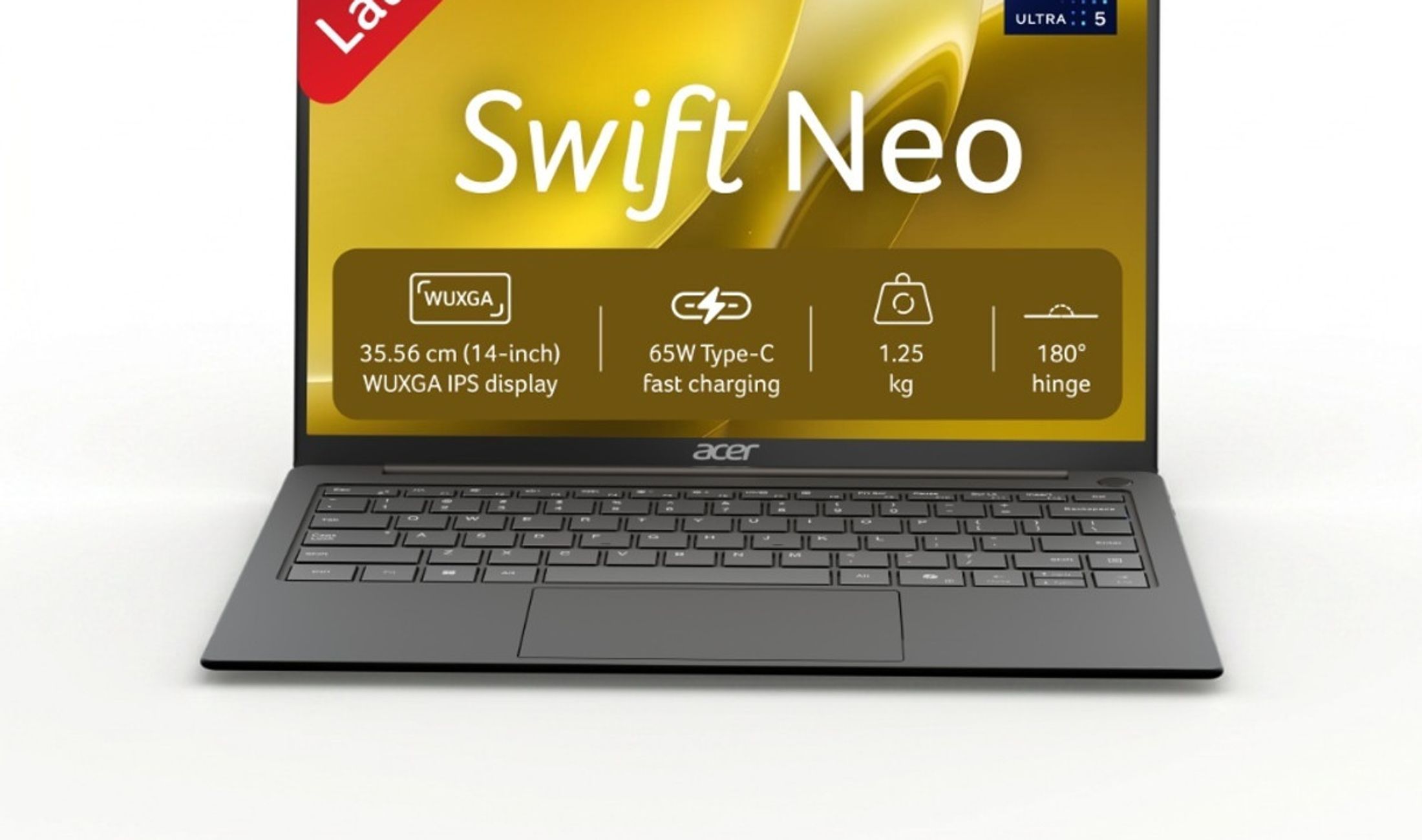 Acer Swift Neo SFN14-55 laptop open from the front, showing its 14-inch display and keyboard